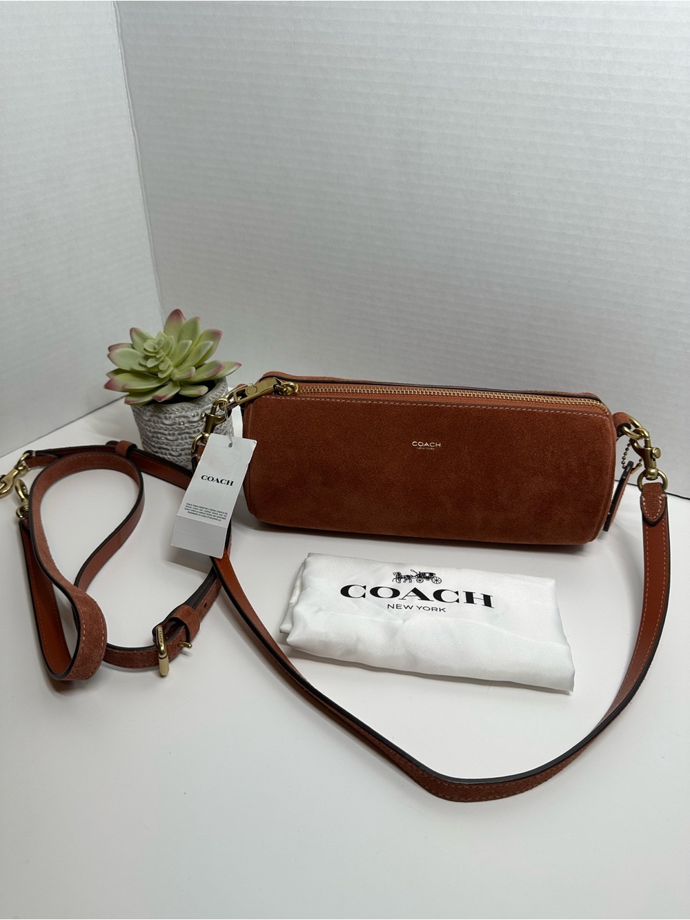 Coach Brown Suede Cylindrical Crossbody Bag with Leather Strap